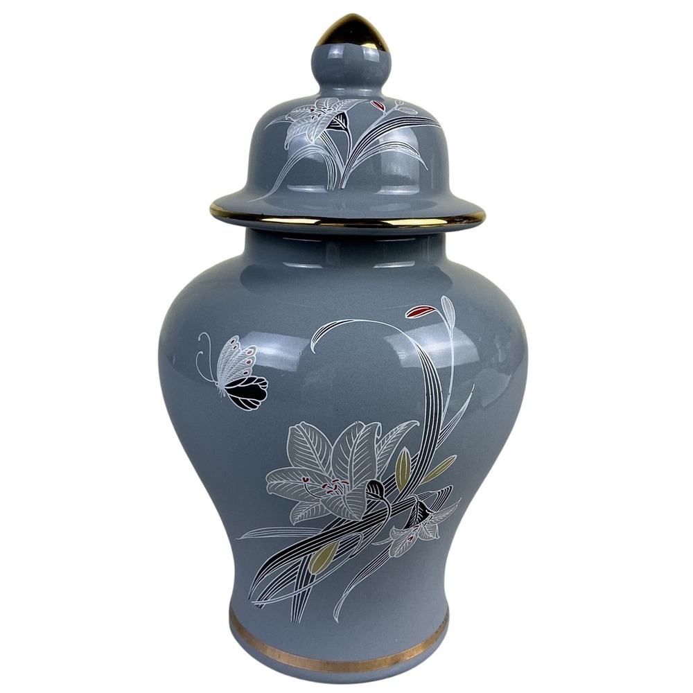 Gray Floral Ginger Jar Porcelain Urn w Lid Gold Trim Butterfly‎ Decor Japan